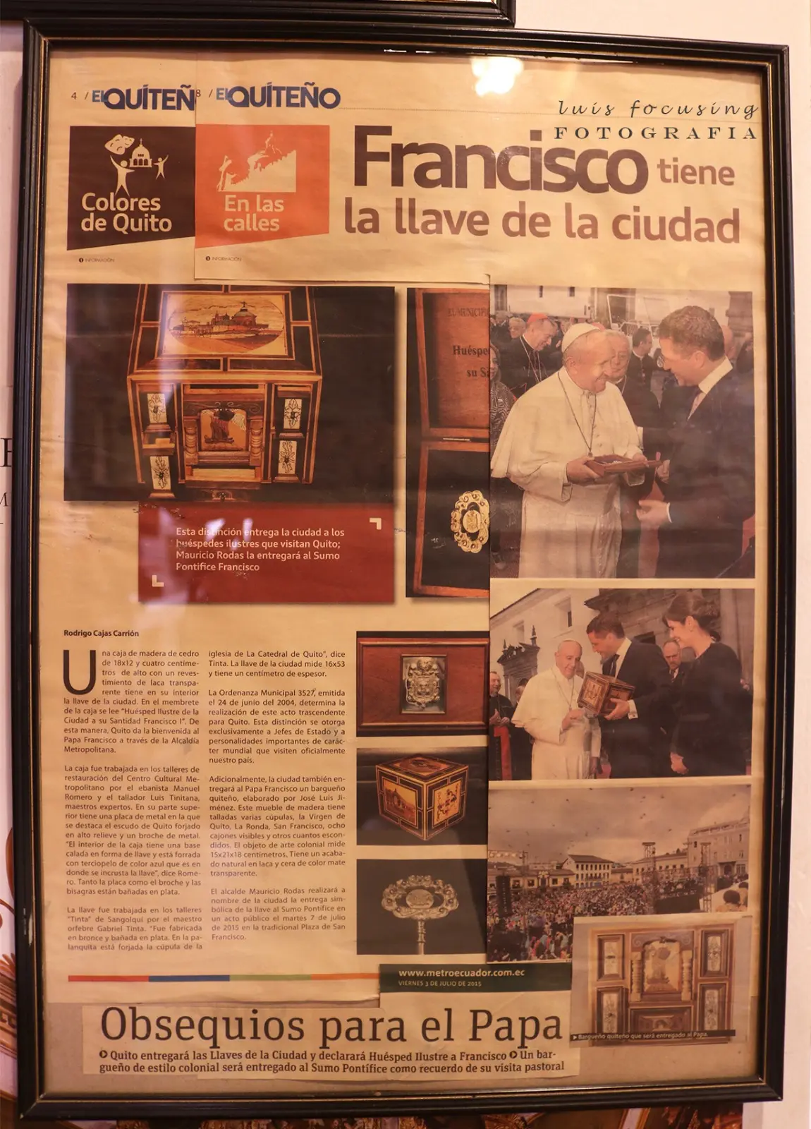 Reportaje enmarcado Diario Metro Obsequios para el Papa Francisco bargueno Jose Luis Jimenez